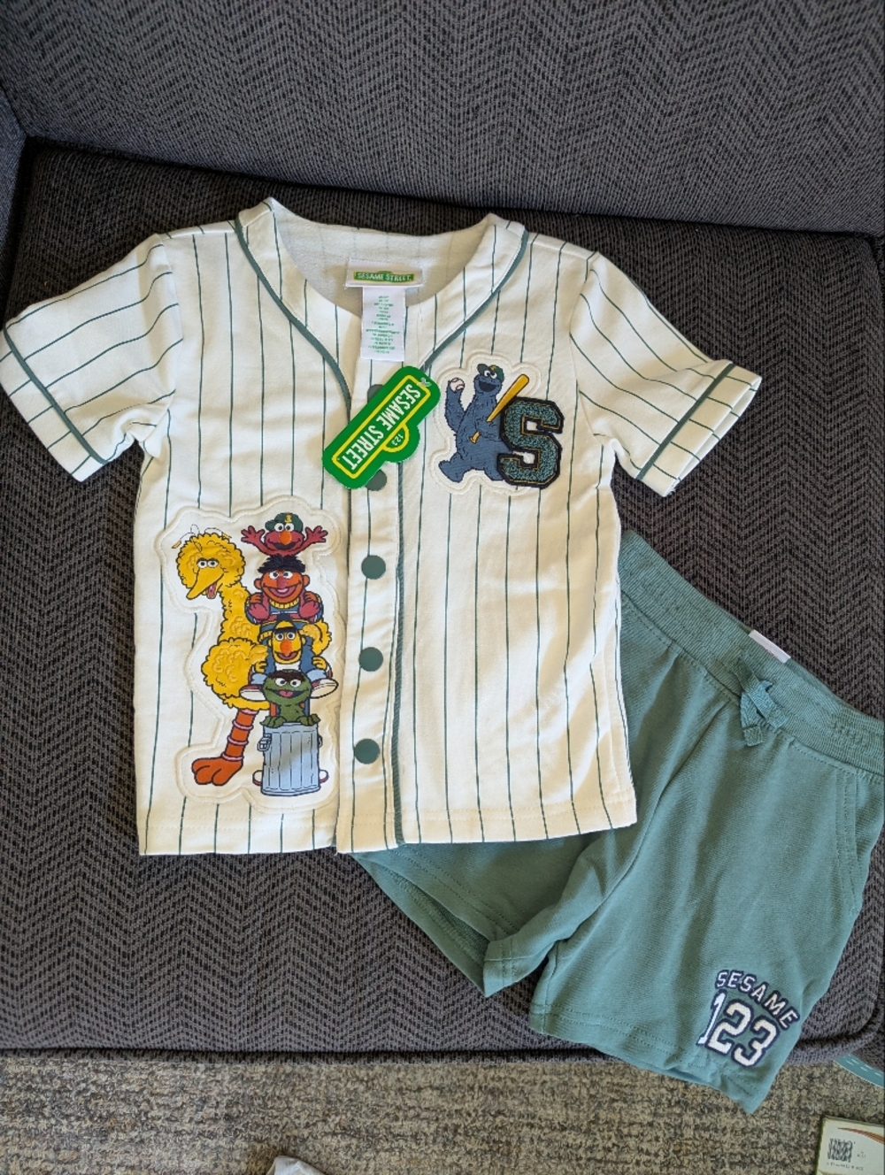 Sesame Street Baseball Outfit Green 3T Toddler Shirt And Shorts
